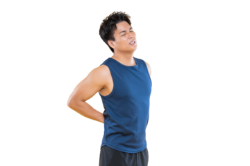 A man in a blue tank top stands with his back arched, likely experiencing pain on png background