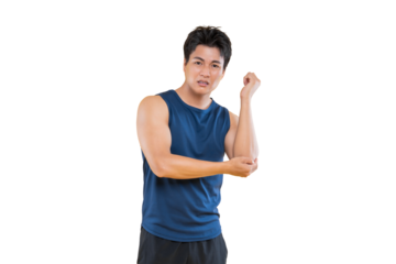 A man touching elbow is in pain while standing against a solid color background. He looks up with an expression of discomfort, possibly indicating physical injury.