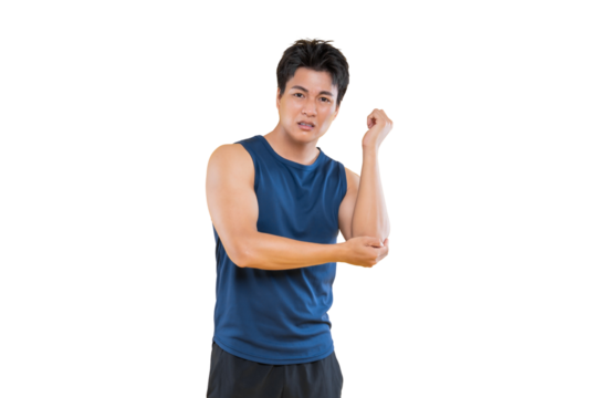A man touching elbow is in pain while standing against a solid color background. He looks up with an expression of discomfort, possibly indicating physical injury.