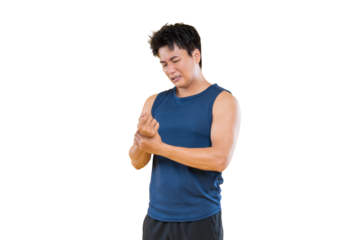 A man with a grimace holding his wrist as if he is experiencing some kind of pain or discomfort.He is in athletic attire on png background