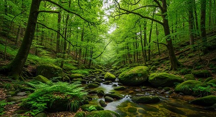 Photo of tranquil stream flowing through a lush green forest with mossy rocks