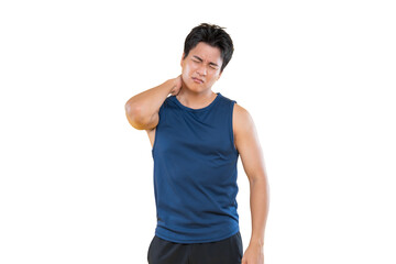 A man is experiencing neck pain after workout on png background
