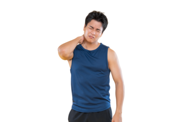 A man is experiencing neck pain after workout on png background