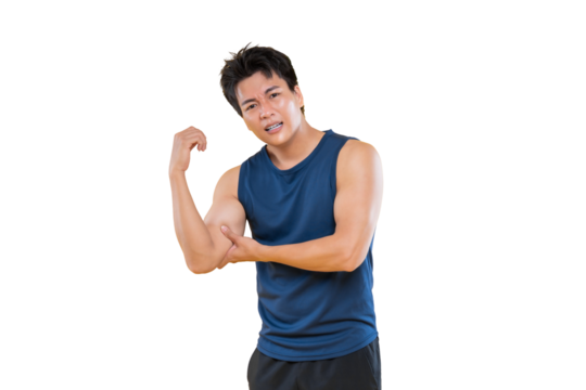 An athletic man flexing his muscles with an expression of exertion on png background