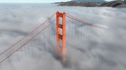 Obraz premium Golden Gate Bridge Aerial In San Francisco California United States. Iconic Structure Of Bridge Connecting Landmarks Streets. Town Sky Backgrounds Urban. Outside Backgrounds Up Above.