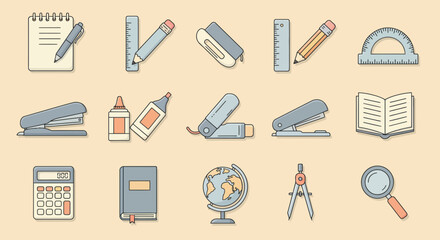 Obraz premium Illustrated vector graphic of stationery supplies and equipment on light peach background