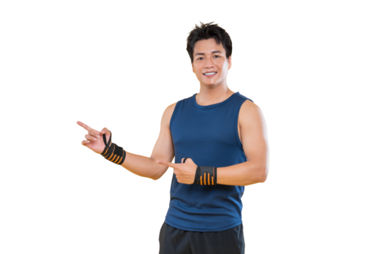 A smiling man wearing a blue tank top, pointing and looking directly at the camera. He is also wearing wristbands and in front of transparent background