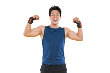 An enthusiastic man flexing his biceps, radiating strength and confidence on png background