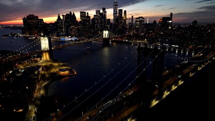 Manhattan Bridge In Manhattan New York United States. Bridge Showcasing The Traffic Flowing Across...