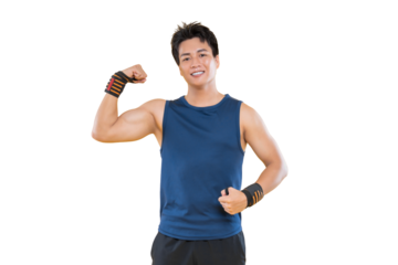 An athletic man flexing his arm, demonstrating his muscular build. He exudes strength and confidence, smiling brightly on png background