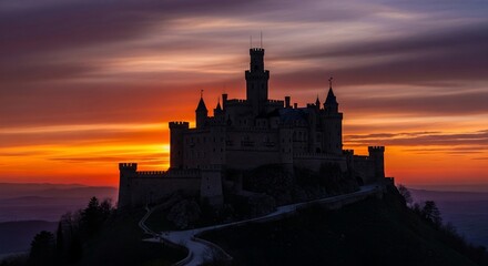 Obraz premium Majestic Castle Silhouetted Against a Fiery Sunset Sky