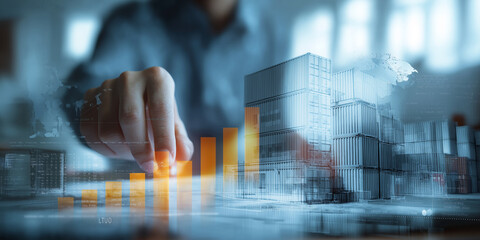 Person interacts with digital graph overlaying cityscape, symbolizing data analysis and urban development. image conveys innovation and progress in financial modeling