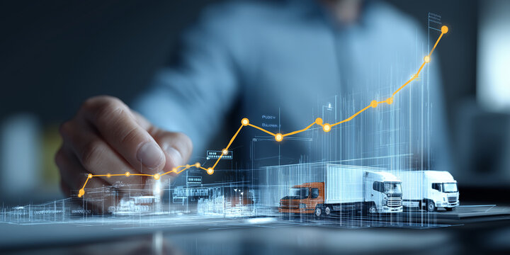 Person interacts with digital graph representing logistics and transportation growth, featuring trucks and data analytics. image conveys innovation supply chain management and sustainable finance
