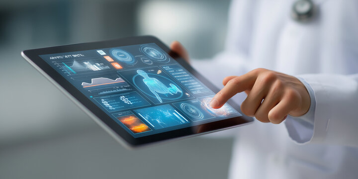 Doctor interacts with digital tablet displaying futuristic medical AI interface, showcasing nanotech readings and health data. scene conveys innovation and advanced healthcare technology