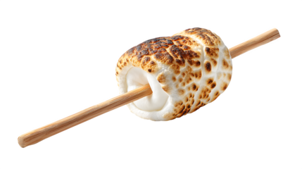 Roasted marshmallow on wooden stick, isolated on white