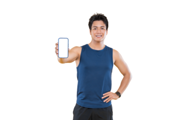 An athlete shows a smartphone screen while wearing a sporty outfit. The man holds the device towards the camera.