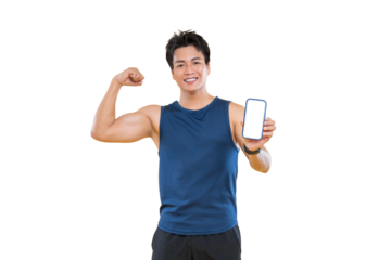 Smiling athlete holding a mobile phone and showing his biceps. He wears sport apparel. This image showcases both physical fitness and technology use