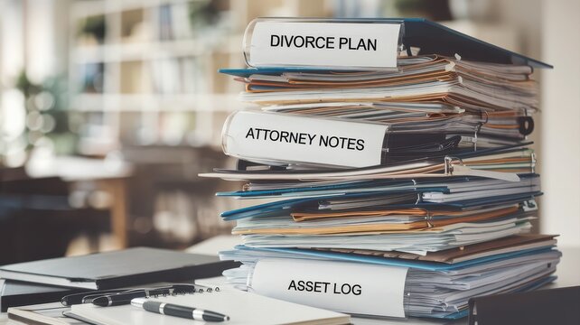 Divorce financial paperwork stress concept. Stack of legal documents and notes related to divorce preparation on a desk.