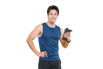 A handsome athlete with a fitness drink bottle, smiling after workout on png background