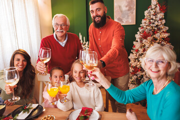 Multi-generation family making a toast while having Christmas dinner at home