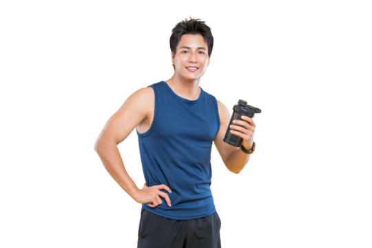 A handsome athlete with a fitness drink bottle, smiling after workout on png background - Powered by Adobe