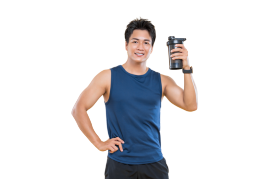 A fit man smiling while holding a shaker, promoting a healthy lifestyle on a png background