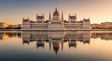 Fototapeta premium Majestic Hungarian Parliament Building reflected in calm Danube River at sunrise