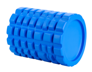 Blue textured foam roller for muscle recovery, physical therapy, and exercise on transparent background