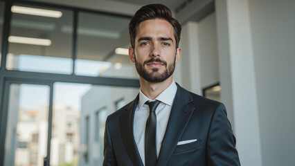 Fototapeta premium Professional Business Portrait – Confident Male Executive in Modern Office Setting for Corporate Websites, Leadership Profiles, and Professional Branding