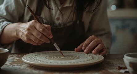Close-up of a ceramist's hands painting intricate patterns on a handmade pottery plate with a brush showcasing traditional craftsmanship.