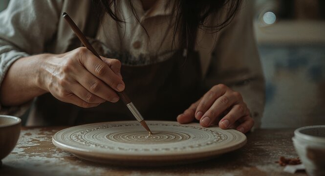 Close-up of a ceramist's hands painting intricate patterns on a handmade pottery plate with a brush showcasing traditional craftsmanship.