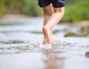 水辺で子供の足元　川遊び