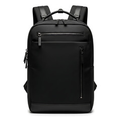 A black backpack is displayed against a white background, featuring multiple zippered compartments.