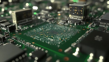 Obraz premium Microchip etched with microcircuitry floating above magnetic green substrate