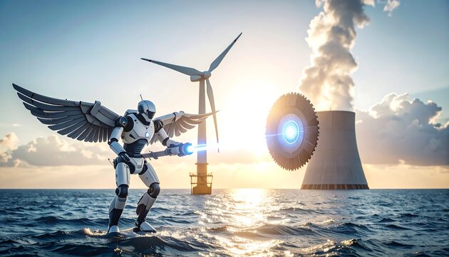 Robot with Wings Standing on Water Near Power Plants