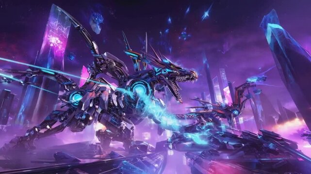Dynamic cybernetic dragon unleashes energy in futuristic neon cityscape battle