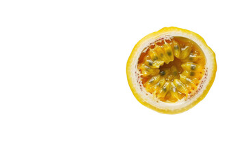 Bright yellow passion fruit cut in half revealing juicy interior with seeds and pulp, creating an appetizing tropical fruit display