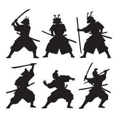 A set of six black silhouettes of samurai warriors arranged in two rows of three. 
