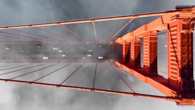 Golden Gate Bridge In San Francisco California United States. Cars Driving Towards Downtown City On The Famous Bridge. Metropolitan Landscape High Rise Building Amazing. Metropolitan Town.