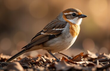 A sparrow perched on the ground among fallen leaves in a natural outdoor setting