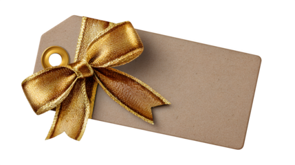 Brown gift tag with gold ribbon band, isolated on white