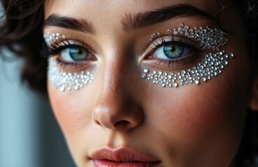 Fototapeta premium Close-up of a woman with striking blue eyes and elaborate rhinestone makeup around her eyes