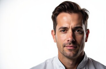 Obraz premium Confident man with styled hair and light stubble looking at camera against white background