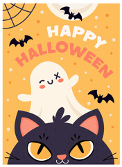 Fototapeta premium Cute Halloween illustration with a smiling ghost, black cat, and flying bats. Bright vector Happy Halloween greeting card with spooky fun festive elements.