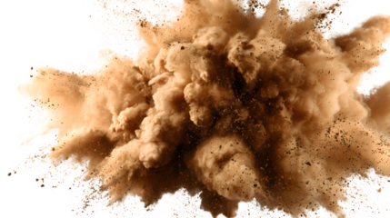 Brown powder burst with dust clouds, isolated on white