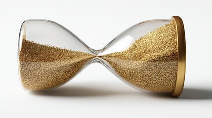 A tilted hourglass, glass with gold granules, rests on a white background. The gold is almost evenly distributed between the two bulbs. The hourglass displays a sense of time and value