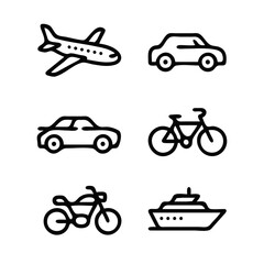 Set of Outline Style Vector Transport Icons, Airplane, Car, Bicycle, Motorcycle, Bus, Ship, Bold Black Line Illustration, Modern Graphic Design for Digital Projects