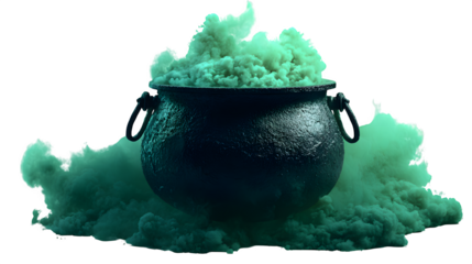 Bubbling cauldron with toxic green steam, isolated on white