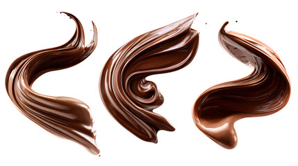 Set of swirling melted chocolate streams, isolated on white