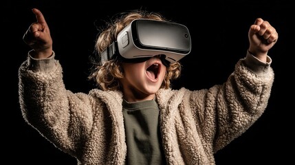 Child Cheering While Immersed in Virtual Reality at an Indoor Location